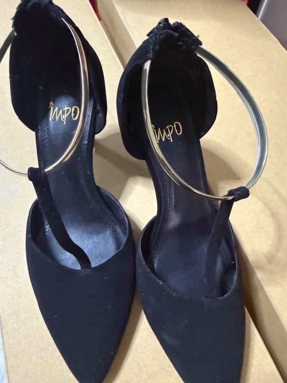 Impo Black Pointed-Toe Heels with Gold Ankle Hoop
